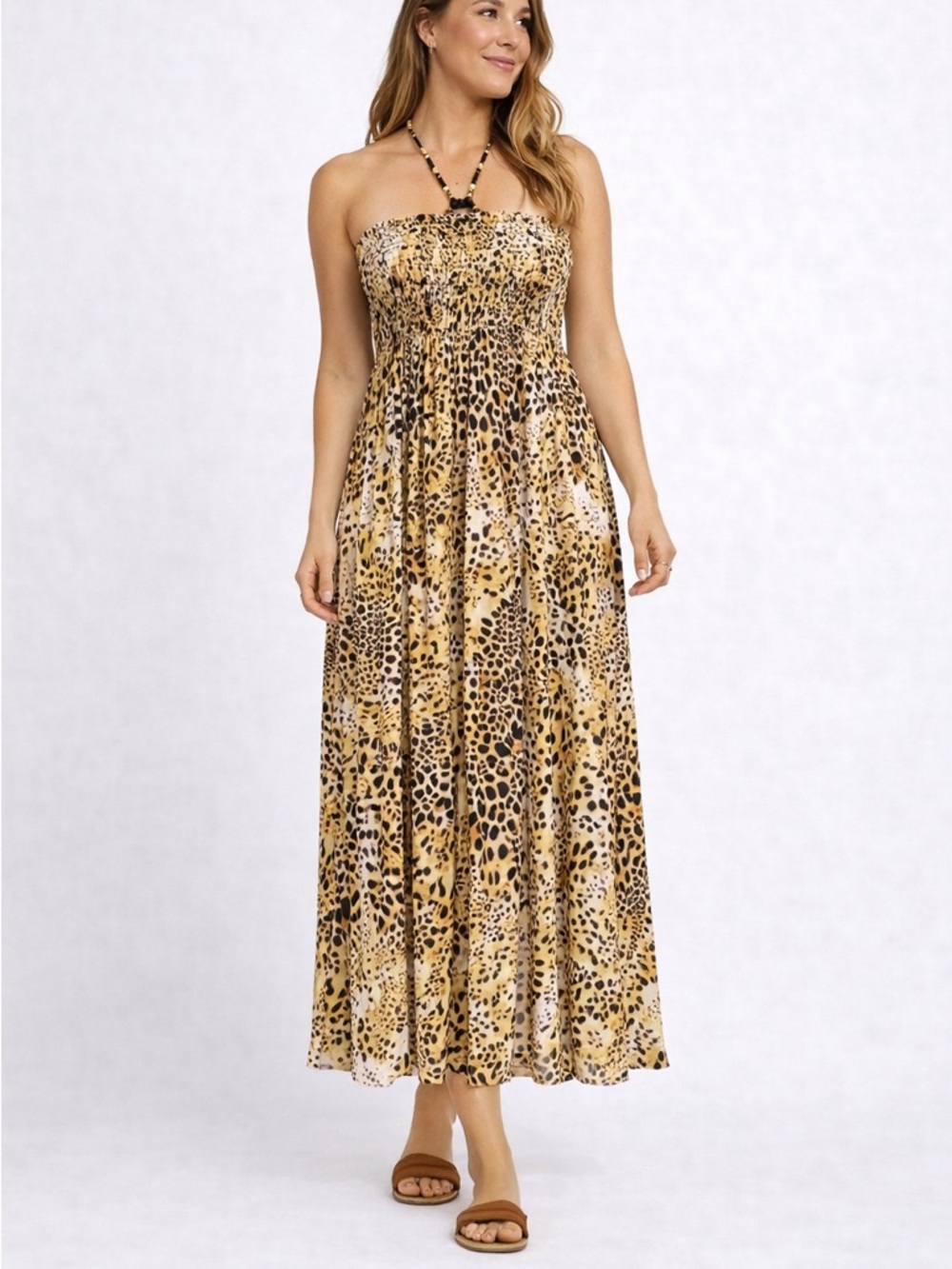 Leopard Print Maxi Strapless T2K Halter Dress - Size Large , NWT